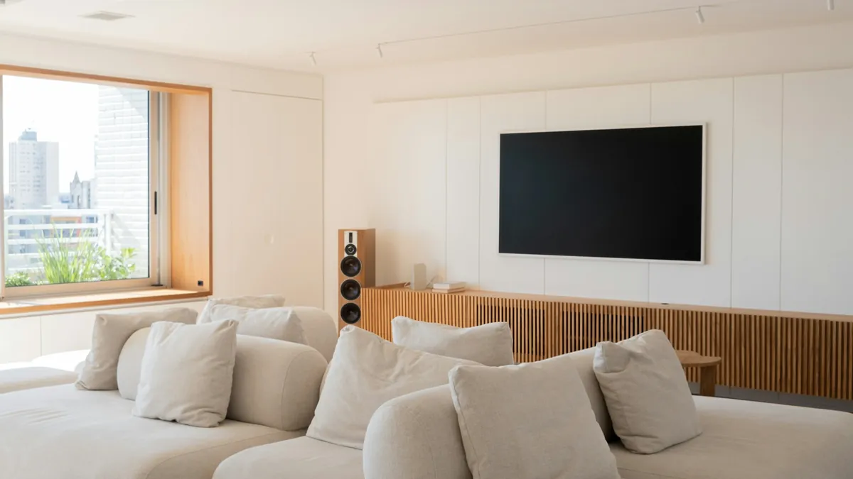 Large Smart TV in a modern living room with a sectional sofa
