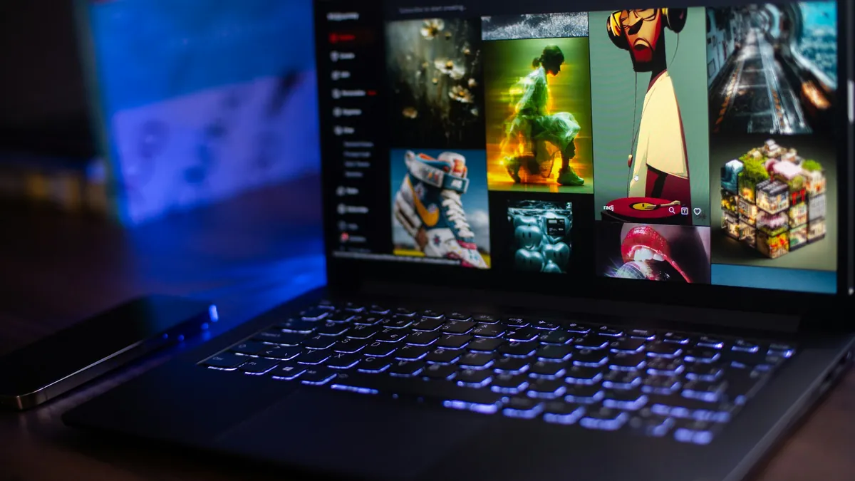 Laptop showing a grid of films and series in an IPTV player app